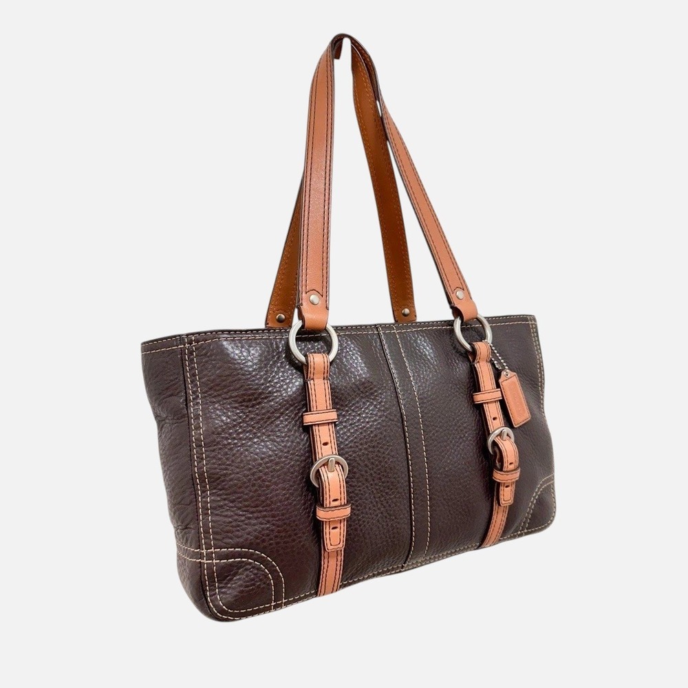 Coach Chelsea Tote Bag Chocolate Brown Pebbled Leather Tan Trim Y2K 12339 - Picture 3 of 16